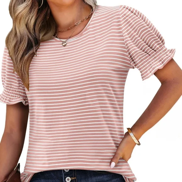 Elegant Pink Striped Ruffle Short Sleeve Top size XL - Picture 2 of 5